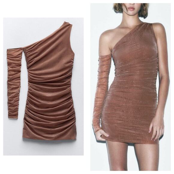 Zara Fitted Asymmetric Draped Organza Dress Medium One Sleeve Ruched Cocktail - Picture 2 of 14